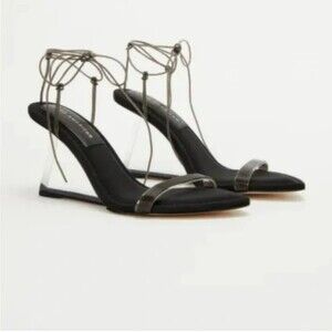 Good American Women’s Black Neoprene Pointy Toe Strappy Clear Heel Shoes SZ 8.5